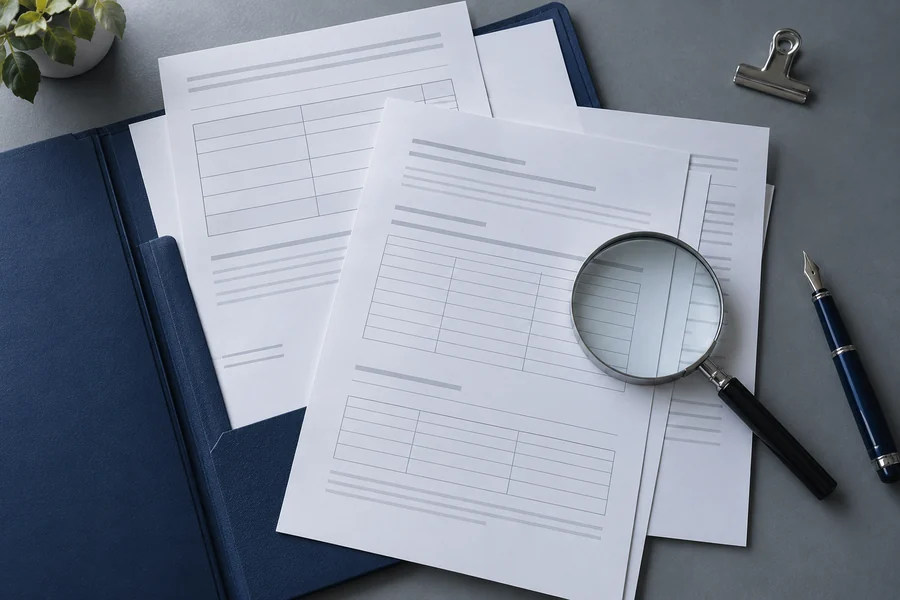 Specification paperwork and a navy document folder