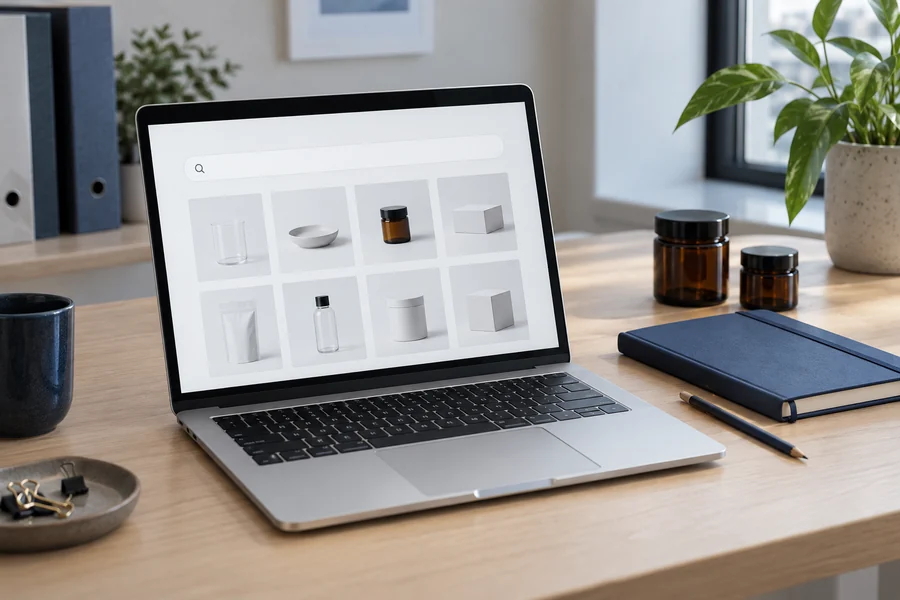 Catalog search workspace with a laptop and sample containers