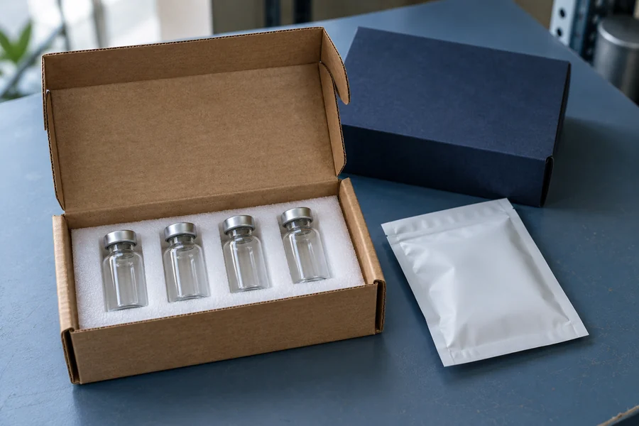 Empty glass vial packaging samples in a protective carton