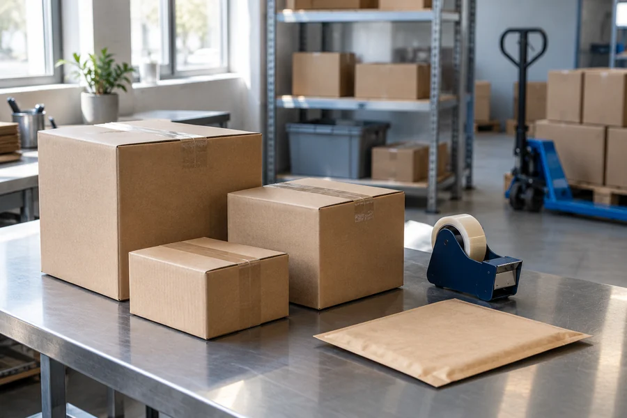 Sealed cartons on a dispatch packing bench