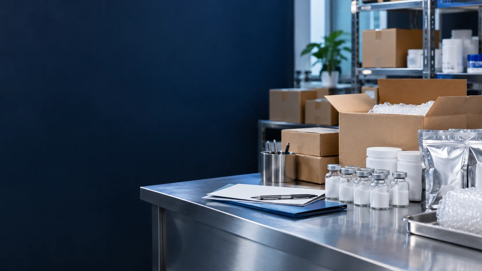 Bulk pack, vial, label and carton — independently generated photo-style concept